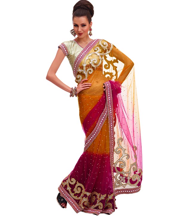 MohManthan Orange-Magenta Net Embroidered Saree With Unstitched Blouse