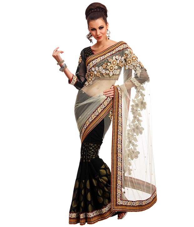 MohManthan Black Net Embroidered Saree With Unstitched Blouse
